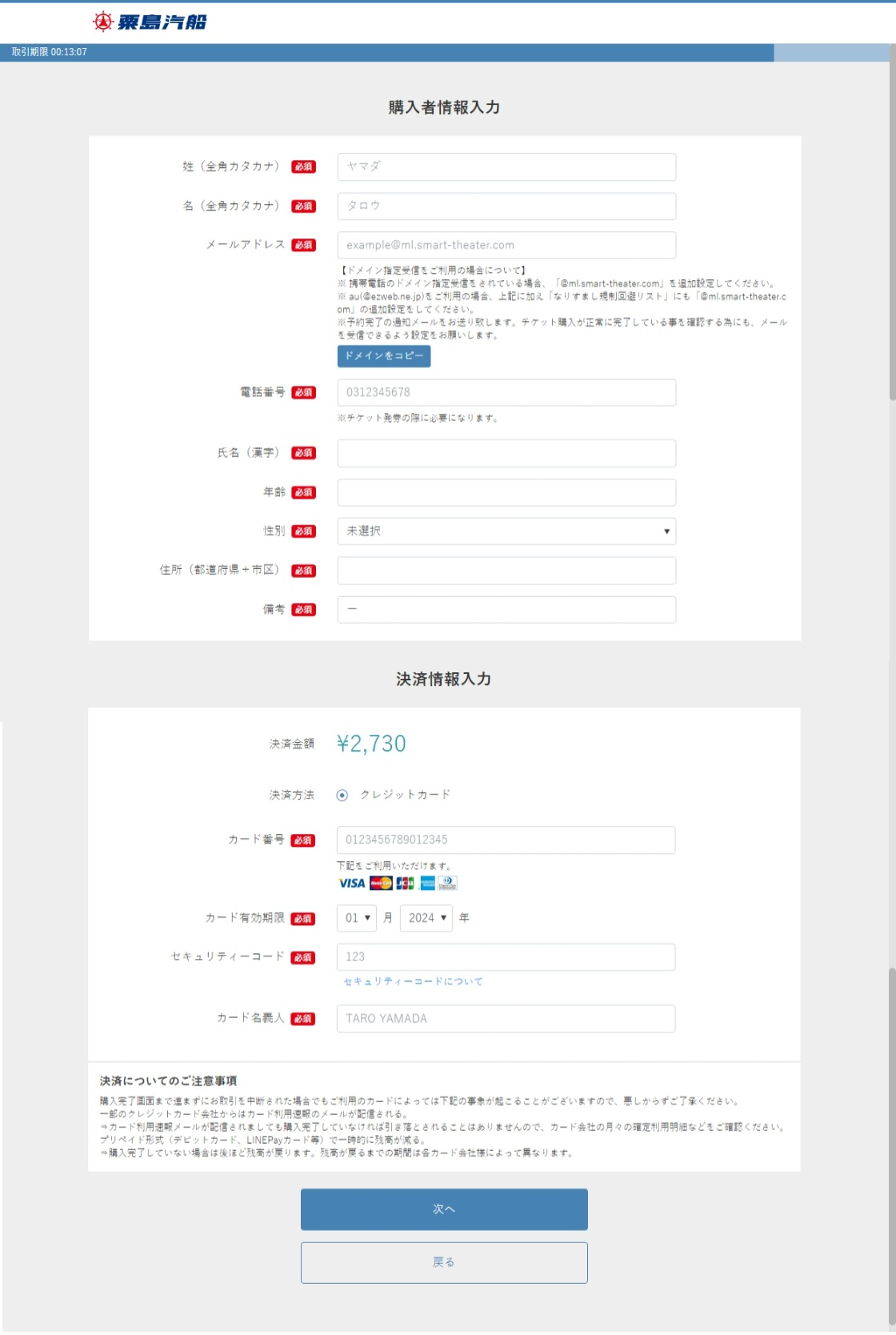 （５）購入者情報と決済情報入力